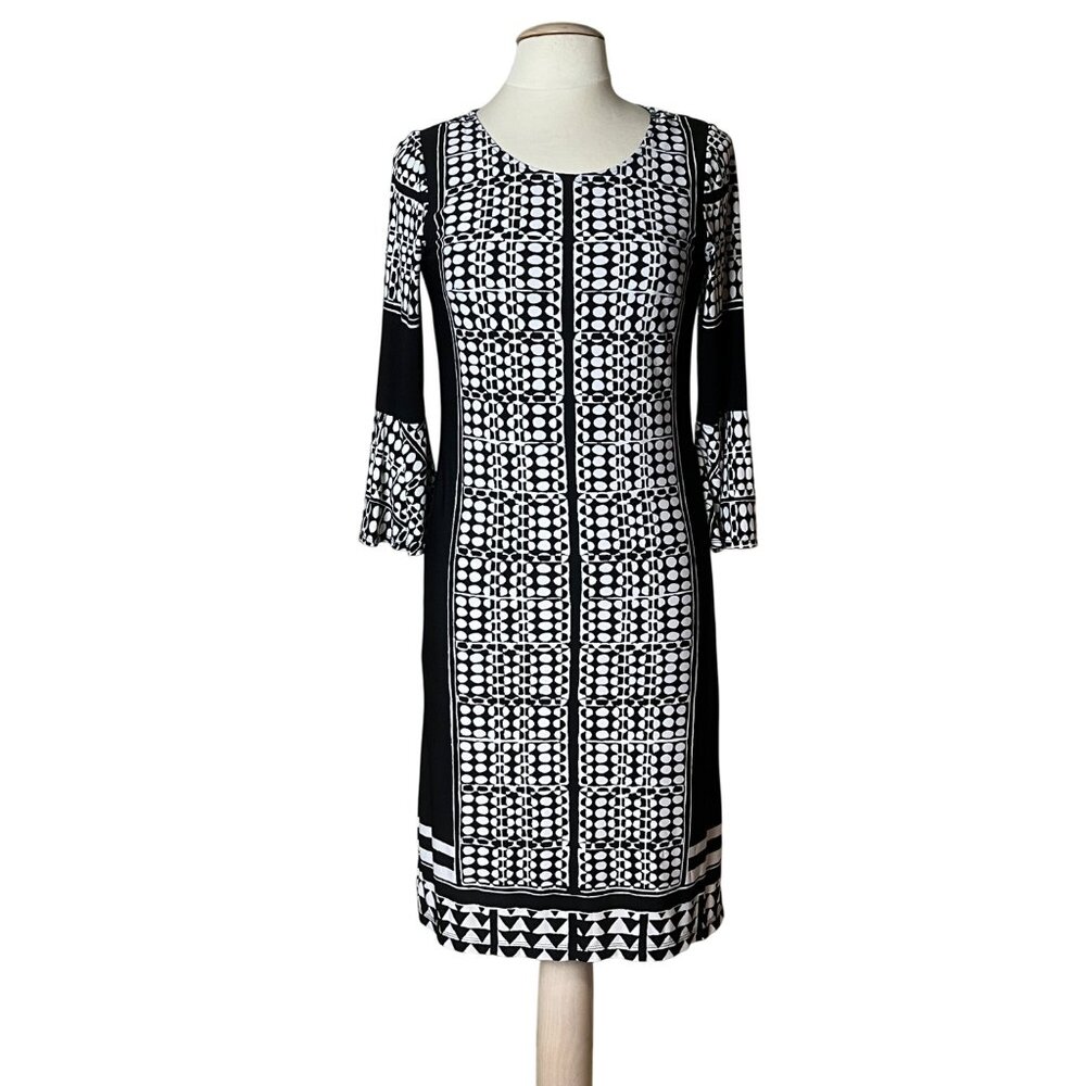 Susan Graver Bell Sleeve Geometric Dress XXS Career Statement Office Liquid Knit